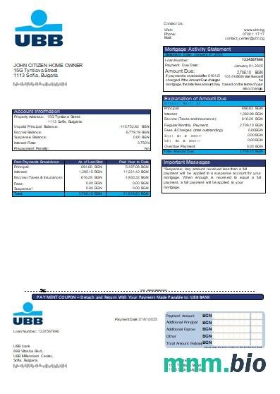 Bułgaria Bank UBB wyciąg z kredytu hipotecznego szablon Word i PDF